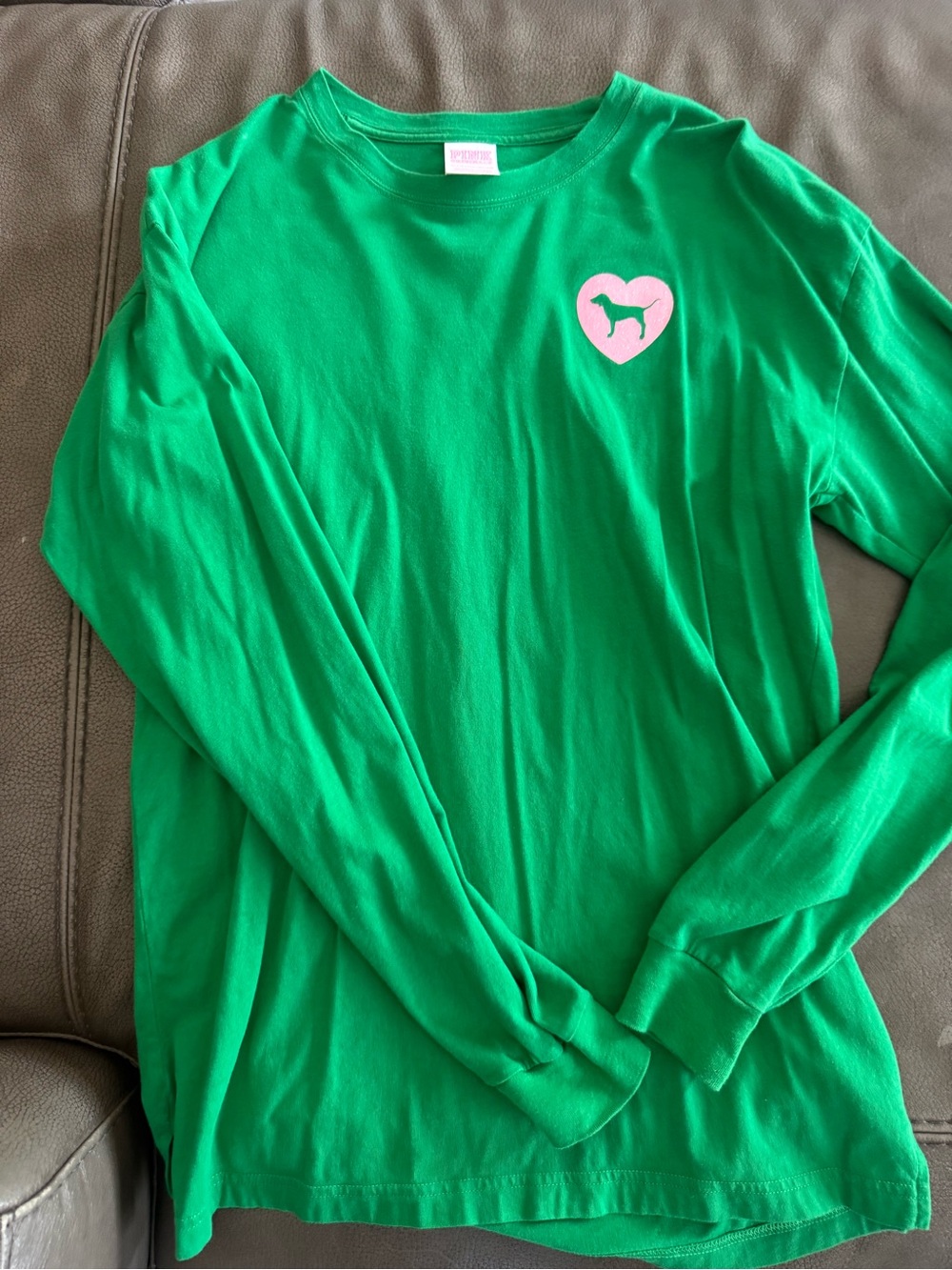 PINK Victoria's Secret Green Long-Sleeve Tee with Pink Heart Logo
